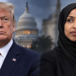 Donald Trump and Rep. Ilhan Omar. editorial illustration.