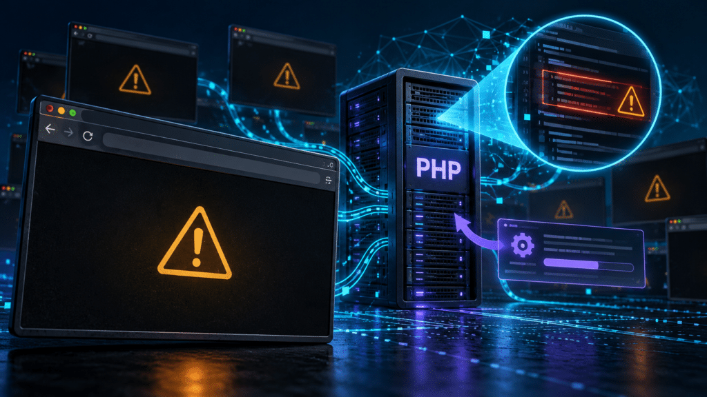 Editorial illustration of a PHP flaw in server connected to dark website windows displaying amber warning symbols.