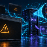 Editorial illustration of a PHP flaw in server connected to dark website windows displaying amber warning symbols.