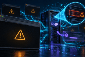 Editorial illustration of a PHP flaw in server connected to dark website windows displaying amber warning symbols.