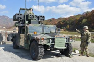 U.S. soldiers train with vehicle-mounted Avenger missile defenses in South Korea in 2018.