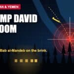 Illustration of the Bab al-Mandeb strait with targeting rings and Camp David lodge at night