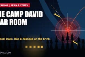 Illustration of the Bab al-Mandeb strait with targeting rings and Camp David lodge at night