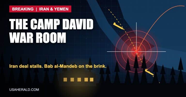 Illustration of the Bab al-Mandeb strait with targeting rings and Camp David lodge at night