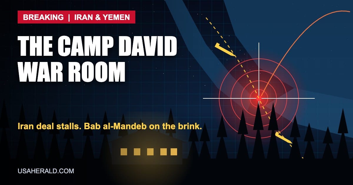 Illustration of the Bab al-Mandeb strait with targeting rings and Camp David lodge at night