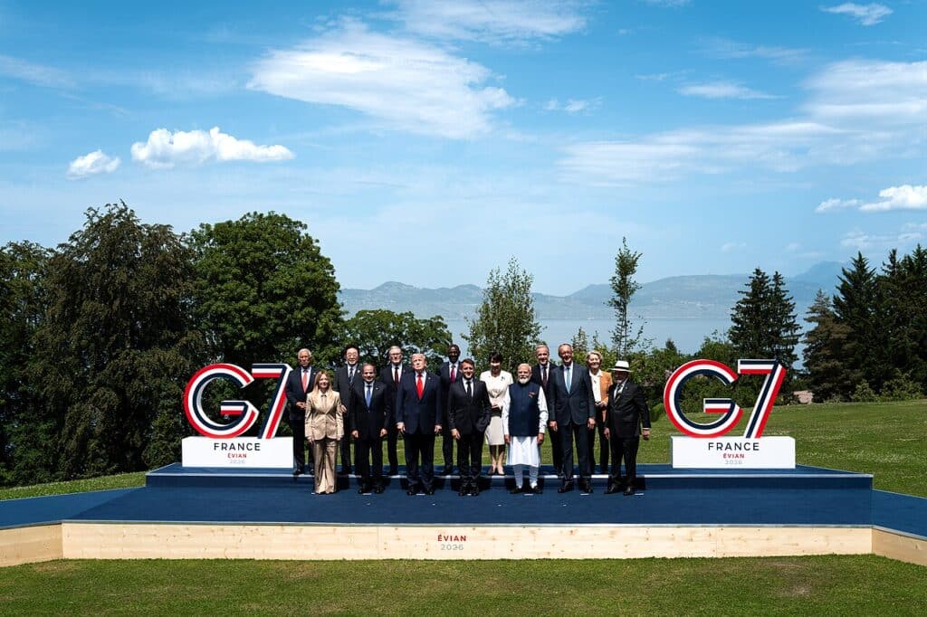 President Donald Trump and other world leaders pose at the June 2026 G7 summit in Évian-les-Bains, France.