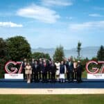 President Donald Trump and other world leaders pose at the June 2026 G7 summit in Évian-les-Bains, France.