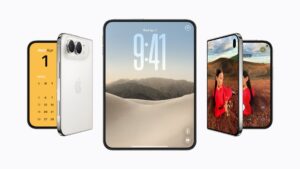 Apple’s iPhone Duo shown in several configurations highlighting its folding design. Image courtesy of Apple.