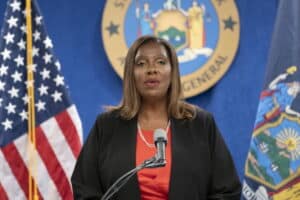 New York State Attorney General, Letitia James, speaks during a news conference in New York City