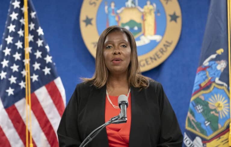 New York State Attorney General, Letitia James, speaks during a news conference in New York City