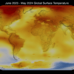 NASA map showing widespread above-average temperatures during extreme heat from June 2023 to May 2024.
