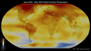 NASA map showing widespread above-average temperatures during extreme heat from June 2023 to May 2024.