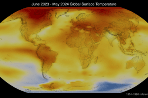 NASA map showing widespread above-average temperatures during extreme heat from June 2023 to May 2024.