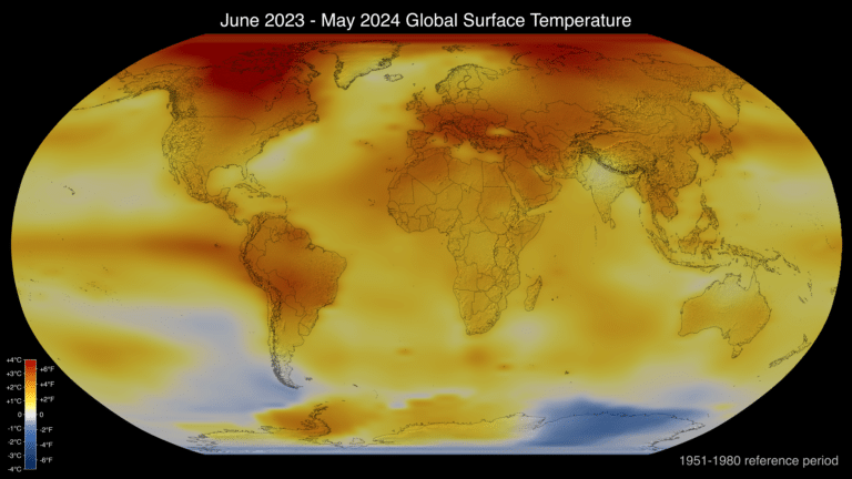 NASA map showing widespread above-average temperatures during extreme heat from June 2023 to May 2024.