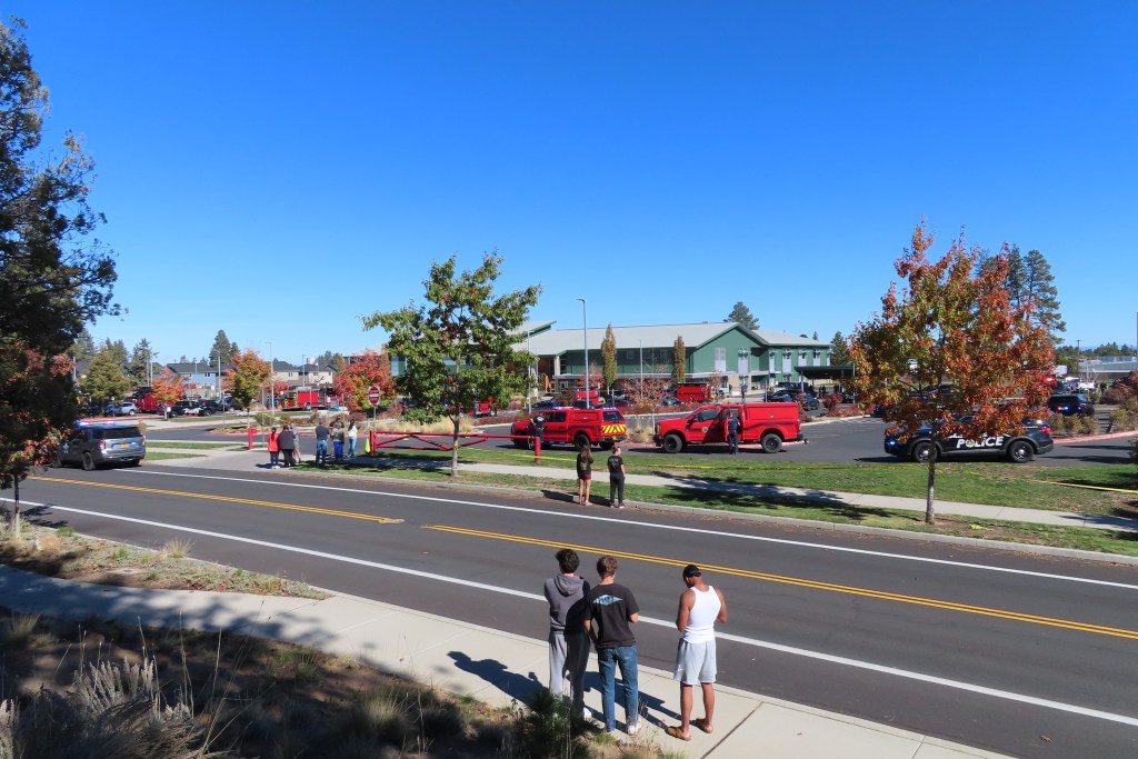 Emergency vehicles outside Silver Rail Elementary School after the Oregon school shooting in Bend.