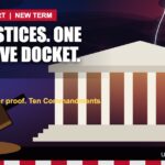 Supreme Court building under a storm with a gavel silhouette