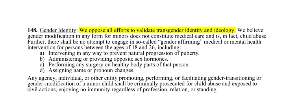 Texas Republican Party platform excerpt highlighting its opposition to validating transgender identity and ideology.