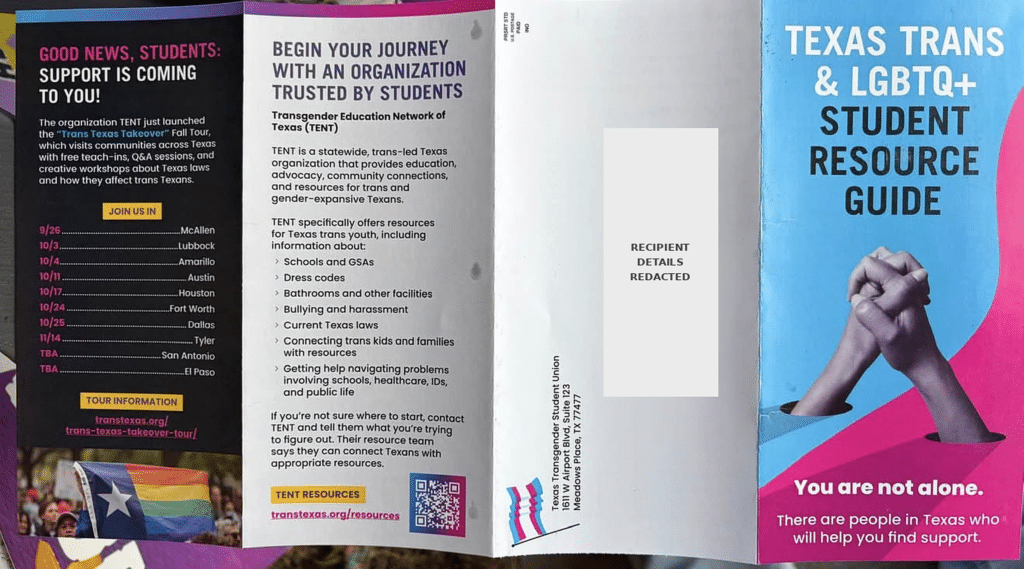 Texas trans mailers brochure showing its cover, TENT references and a redacted mailing panel.