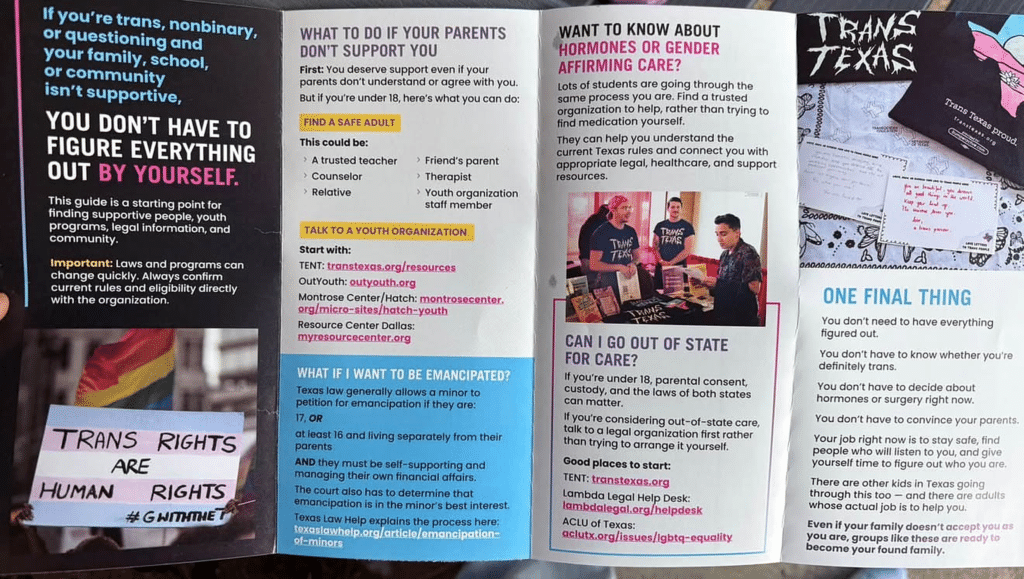 Interior brochure panels discussing family support, emancipation and resources for transgender students.