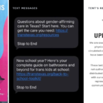 Texas trans mailers collage showing a student resource brochure, unsolicited text messages and TENT’s denial of involvement.