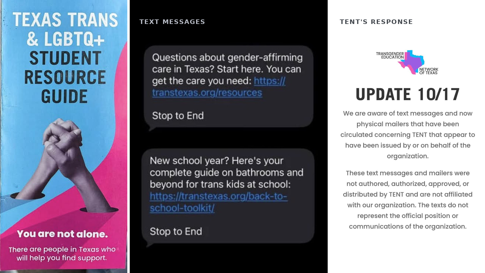 Texas trans mailers collage showing a student resource brochure, unsolicited text messages and TENT’s denial of involvement.