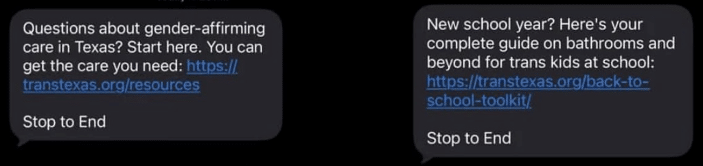 Two unsolicited text messages linking to TENT’s care resources and school toolkit.